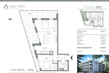 Rzut - Mieszkanie na sprzedaż 3 pokoje o powierzchni 50,26 m² - numer 1.2 w Mio Pino