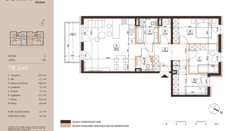 Rzut - Mieszkanie na sprzedaż 4 pokoje o powierzchni 78,1 m² - numer D8 w Domkove Widzew