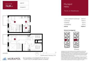 Rzut - Mieszkanie na sprzedaż 1 pokój o powierzchni 74,77 m² - numer 2.A.2.08 w Murapol Helio