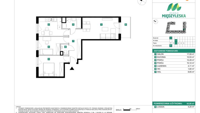 Rzut - Mieszkanie na sprzedaż 3 pokoje o powierzchni 65,09 m² - numer 55 w Osiedle Międzyleska - etap II