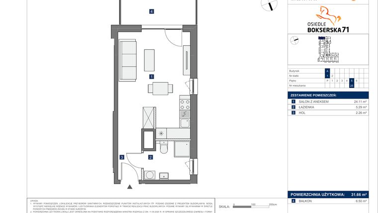 Rzut - Mieszkanie na sprzedaż 1 pokój o powierzchni 31,66 m² - numer A.25 w Osiedle Bokserska 71 etap II