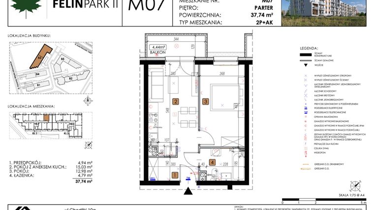 Rzut - Mieszkanie na sprzedaż 2 pokoje o powierzchni 37,76 m² - numer M07 w Felin Park II etap 2