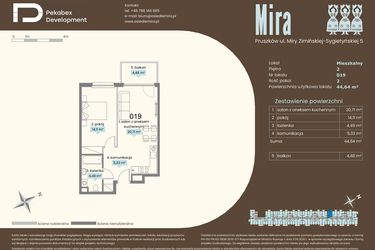 Rzut - Mieszkanie na sprzedaż 2 pokoje o powierzchni 44,64 m² - numer A.019 w Mira