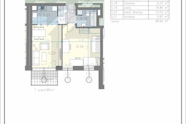 Rzut - Mieszkanie na sprzedaż 2 pokoje o powierzchni 48,66 m² - numer 35 w Residence Przewóz 41