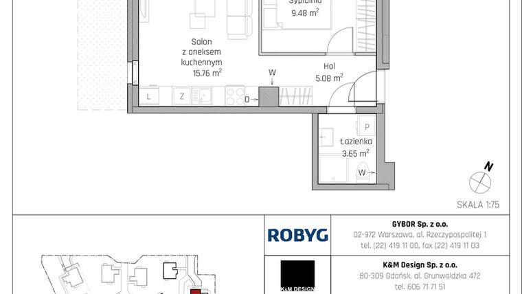 Rzut - Mieszkanie na sprzedaż 2 pokoje o powierzchni 33,97 m² - numer C1.0M02 w ROSA Residence etap II