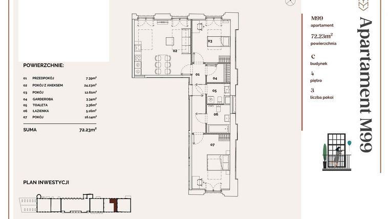 Rzut - Mieszkanie na sprzedaż 3 pokoje o powierzchni 72,23 m² - numer C.99 w Młyny Mogilska