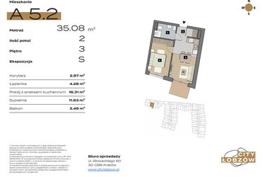 Rzut - Mieszkanie na sprzedaż 2 pokoje o powierzchni 35,31 m² - numer A 5.2 w City Łobzów