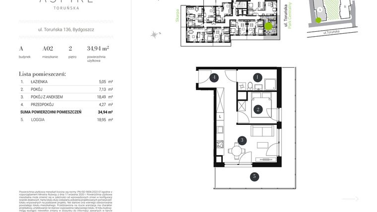 Rzut - Mieszkanie na sprzedaż 2 pokoje o powierzchni 34,94 m² - numer A.2 w Aspire