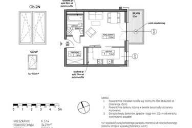 Rzut - Mieszkanie na sprzedaż 1 pokój o powierzchni 34,27 m² - numer H.1.7.4 w City Park bud. G i H