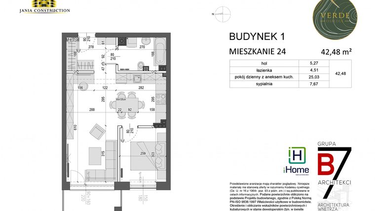 Rzut - Mieszkanie na sprzedaż 2 pokoje o powierzchni 42,48 m² - numer 24 w Miasteczko Verde