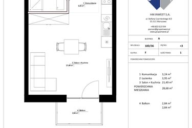 Rzut - Mieszkanie na sprzedaż 1 pokój o powierzchni 28,68 m² - numer 10D/36 w Jasielska 8C etap II