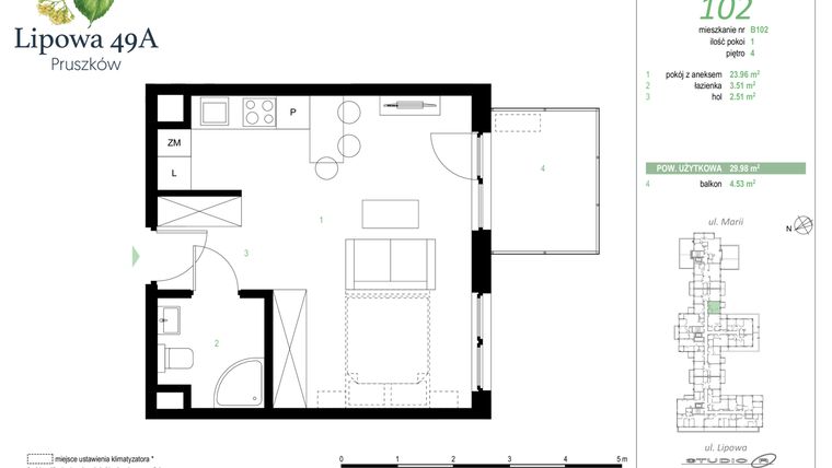 Rzut - Mieszkanie na sprzedaż 1 pokój o powierzchni 29,98 m² - numer 102B w Lipowa 49A