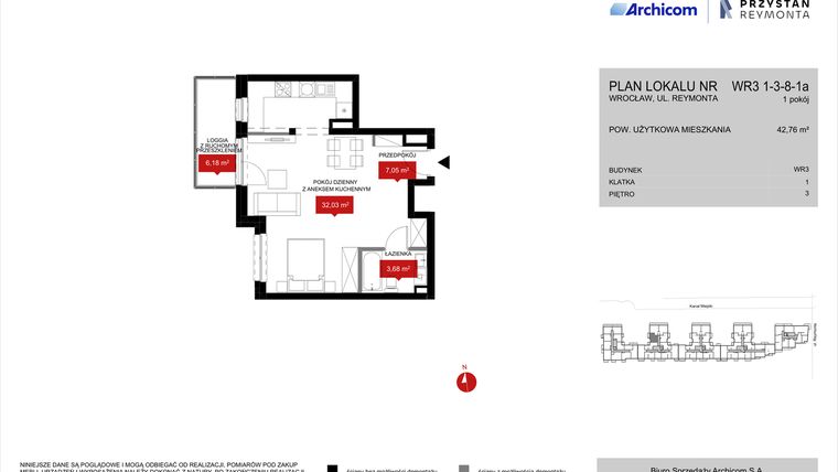 Rzut - Mieszkanie na sprzedaż 1 pokój o powierzchni 42,76 m² - numer WR3 1/3/8/1a w Przystań Reymonta etap II