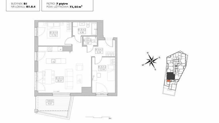 Rzut - Mieszkanie na sprzedaż 3 pokoje o powierzchni 73,05 m² - numer B1.8.4 w Alvarium 2.0