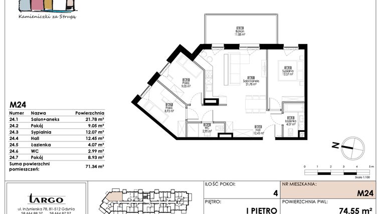 Rzut - Mieszkanie na sprzedaż 4 pokoje o powierzchni 71,34 m² - numer M24 w Kamieniczki za Strugą