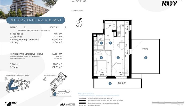 Rzut - Mieszkanie na sprzedaż 2 pokoje o powierzchni 42,66 m² - numer A2.4.6.M51 w Nowe Promenady