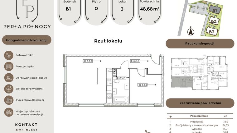 Rzut - Mieszkanie na sprzedaż 2 pokoje o powierzchni 48,68 m² - numer B1.0_3 w Perła Północy etap 2