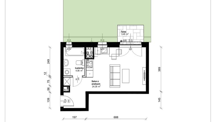 Rzut - Mieszkanie na sprzedaż 1 pokój o powierzchni 28,95 m² - numer A.0.03.1a w ATRIUM