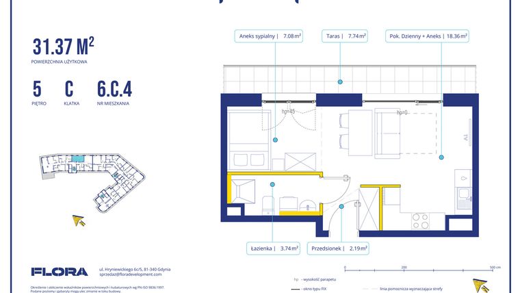 Rzut - Mieszkanie na sprzedaż 1 pokój o powierzchni 31,37 m² - numer 6.C.4 w Piotra 4