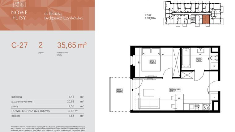 Rzut - Mieszkanie na sprzedaż 2 pokoje o powierzchni 35,65 m² - numer M27_NF.c w Nowe Flisy II