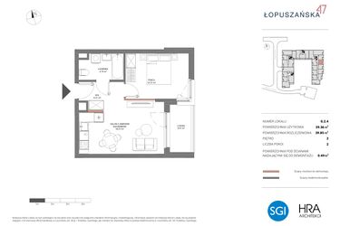 Rzut - Mieszkanie na sprzedaż 2 pokoje o powierzchni 39,85 m² - numer G.2.4 w Łopuszańska 47 - etap 2