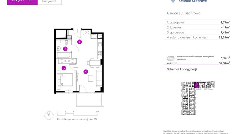 Rzut - Mieszkanie na sprzedaż 1 pokój o powierzchni 39,57 m² - numer 1.A.2.16 w Murapol Osiedle Szafirove II