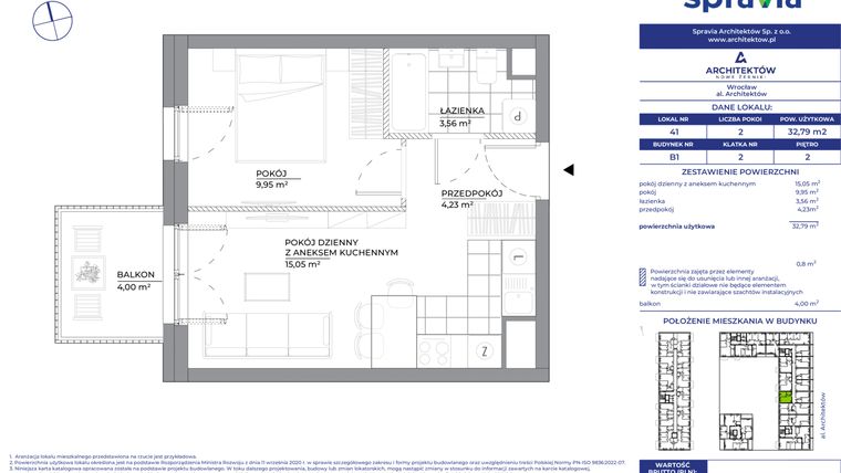 Rzut - Mieszkanie na sprzedaż 2 pokoje o powierzchni 32,79 m² - numer B1_41 w Architektów