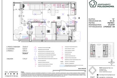 Rzut - Mieszkanie na sprzedaż 2 pokoje o powierzchni 37,64 m² - numer 20 w Apartamenty Poligonowa etap 5