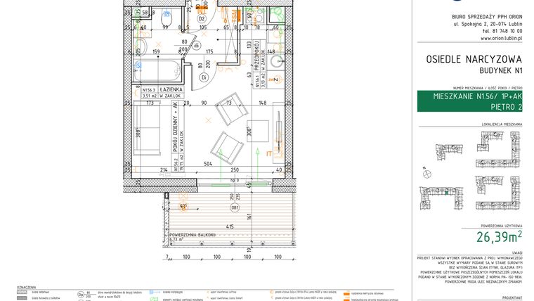 Rzut - Mieszkanie na sprzedaż 1 pokój o powierzchni 26,39 m² - numer N1.56 w Osiedle Narcyzowe etap 2