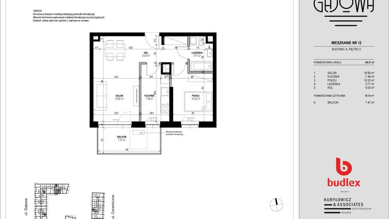 Rzut - Mieszkanie na sprzedaż 2 pokoje o powierzchni 47,17 m² - numer 12 w Gajowa bud. A