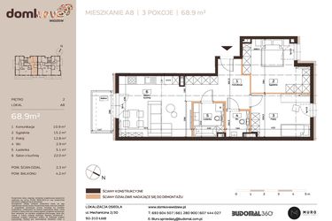 Rzut - Mieszkanie na sprzedaż 3 pokoje o powierzchni 68,9 m² - numer A8 w Domkove Widzew