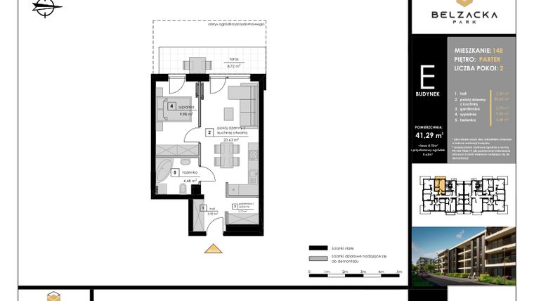 Rzut - Mieszkanie na sprzedaż 2 pokoje o powierzchni 41,29 m² - numer E.148 w Belzacka Park etap III