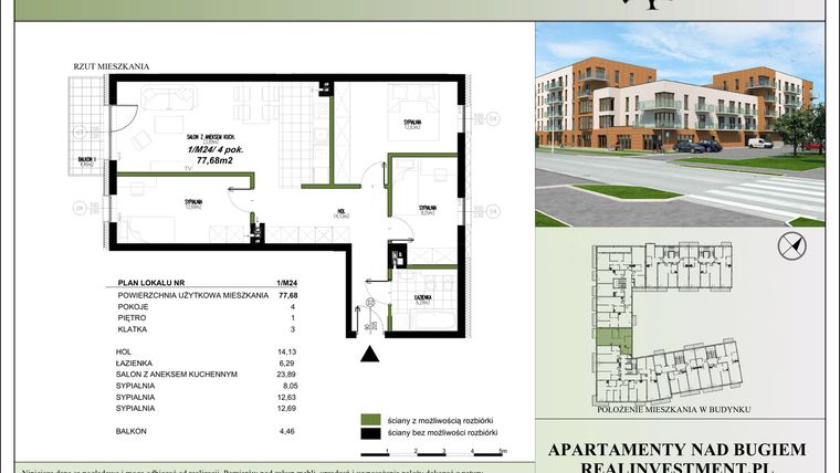 Rzut - Mieszkanie na sprzedaż 4 pokoje o powierzchni 77,68 m² - numer II.1/M24 w Apartamenty nad Bugiem - etap II