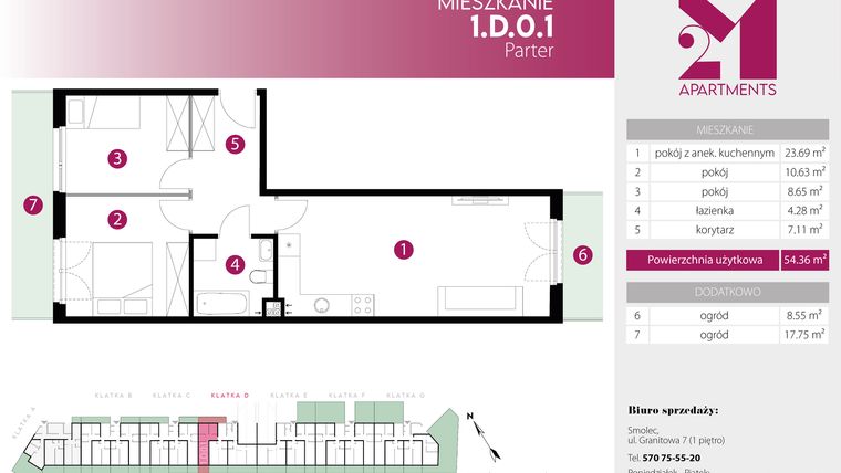 Rzut - Mieszkanie na sprzedaż 3 pokoje o powierzchni 54,36 m² - numer 1.D.0.1 w 2M Apartments etap IV