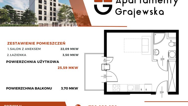 Rzut - Mieszkanie na sprzedaż 1 pokój o powierzchni 26,08 m² - numer 33 w Apartamenty Grajewska