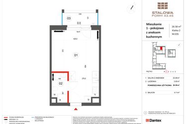 Rzut - Mieszkanie na sprzedaż 1 pokój o powierzchni 26,58 m² - numer 35 w Stalowa Form 43.45