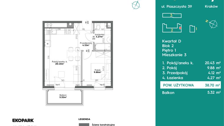 Rzut - Mieszkanie na sprzedaż 2 pokoje o powierzchni 38,7 m² - numer D2-3 w Slow City etap D