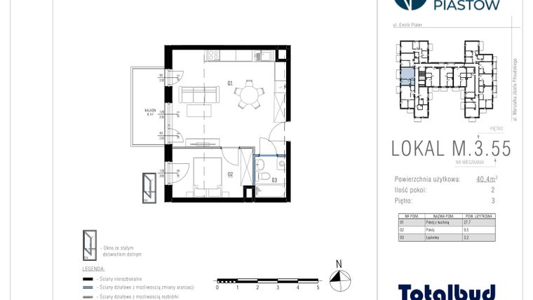 Rzut - Mieszkanie na sprzedaż 2 pokoje o powierzchni 40,45 m² - numer M.3.55 w Viva Piastów