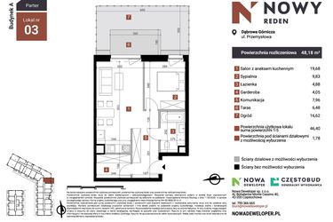 Rzut - Mieszkanie na sprzedaż 2 pokoje o powierzchni 48,19 m² - numer A3 w Nowy Reden