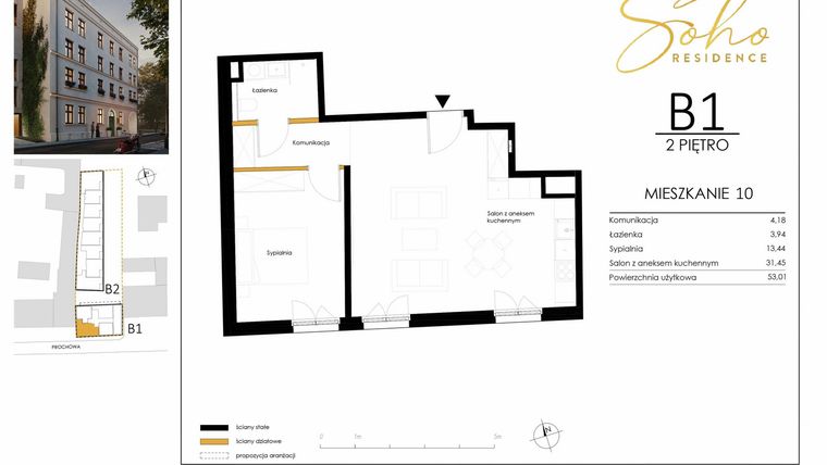 Rzut - Mieszkanie na sprzedaż 2 pokoje o powierzchni 53,01 m² - numer B1.10 w SoHo Residence II