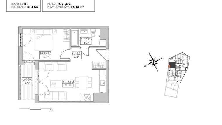 Rzut - Mieszkanie na sprzedaż 2 pokoje o powierzchni 43,54 m² - numer B1.13.6 w Alvarium 2.0