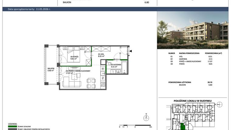 Rzut - Mieszkanie na sprzedaż 2 pokoje o powierzchni 39,7 m² - numer C-15 w Hillence etap 3