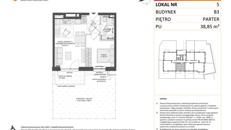 Rzut - Mieszkanie na sprzedaż 2 pokoje o powierzchni 38,85 m² - numer B3.5 w Osiedle Przy Błoniach 3 etap III