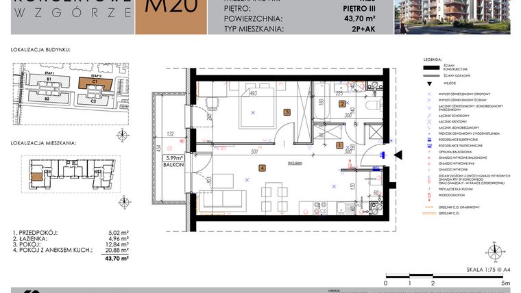 Rzut - Mieszkanie na sprzedaż 2 pokoje o powierzchni 43,7 m² - numer C1_M20/III w Koncertowe Wzgórze etap II