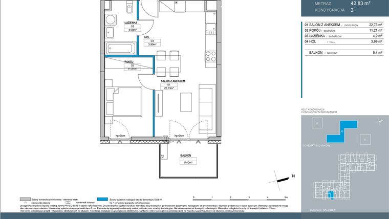 Rzut - Mieszkanie na sprzedaż 2 pokoje o powierzchni 42,83 m² - numer D1.3.05 w Nordic Bemowo - etap IV