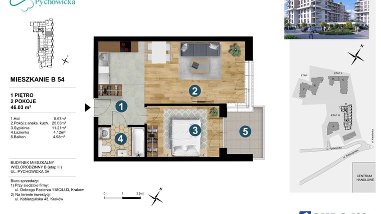 Rzut - Mieszkanie na sprzedaż 2 pokoje o powierzchni 46,03 m² - numer B54 w Kapelanka-Pychowicka Etap III