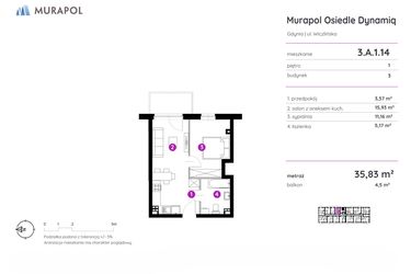 Rzut - Mieszkanie na sprzedaż 2 pokoje o powierzchni 35,83 m² - numer 3.A.1.14 w Murapol Osiedle Dynamiq