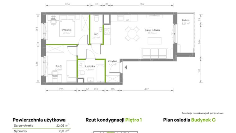 Rzut - Mieszkanie na sprzedaż 3 pokoje o powierzchni 55,96 m² - numer C/033 w Bemosphere
