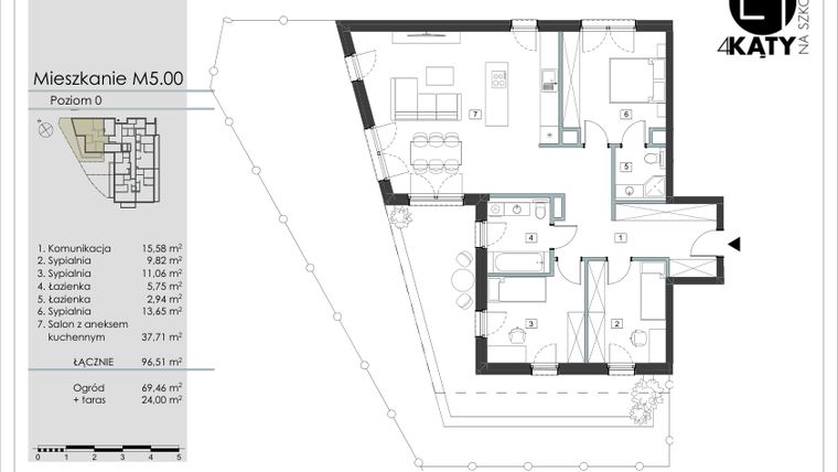 Rzut - Mieszkanie na sprzedaż 4 pokoje o powierzchni 96,51 m² - numer M5.00 w 4 Kąty na Szkolnej