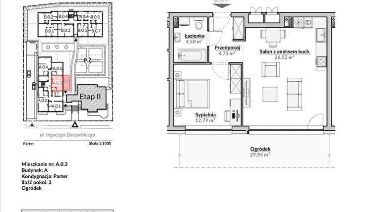 Rzut - Mieszkanie na sprzedaż 2 pokoje o powierzchni 48,54 m² - numer A.0.3 w Nowa Fregata